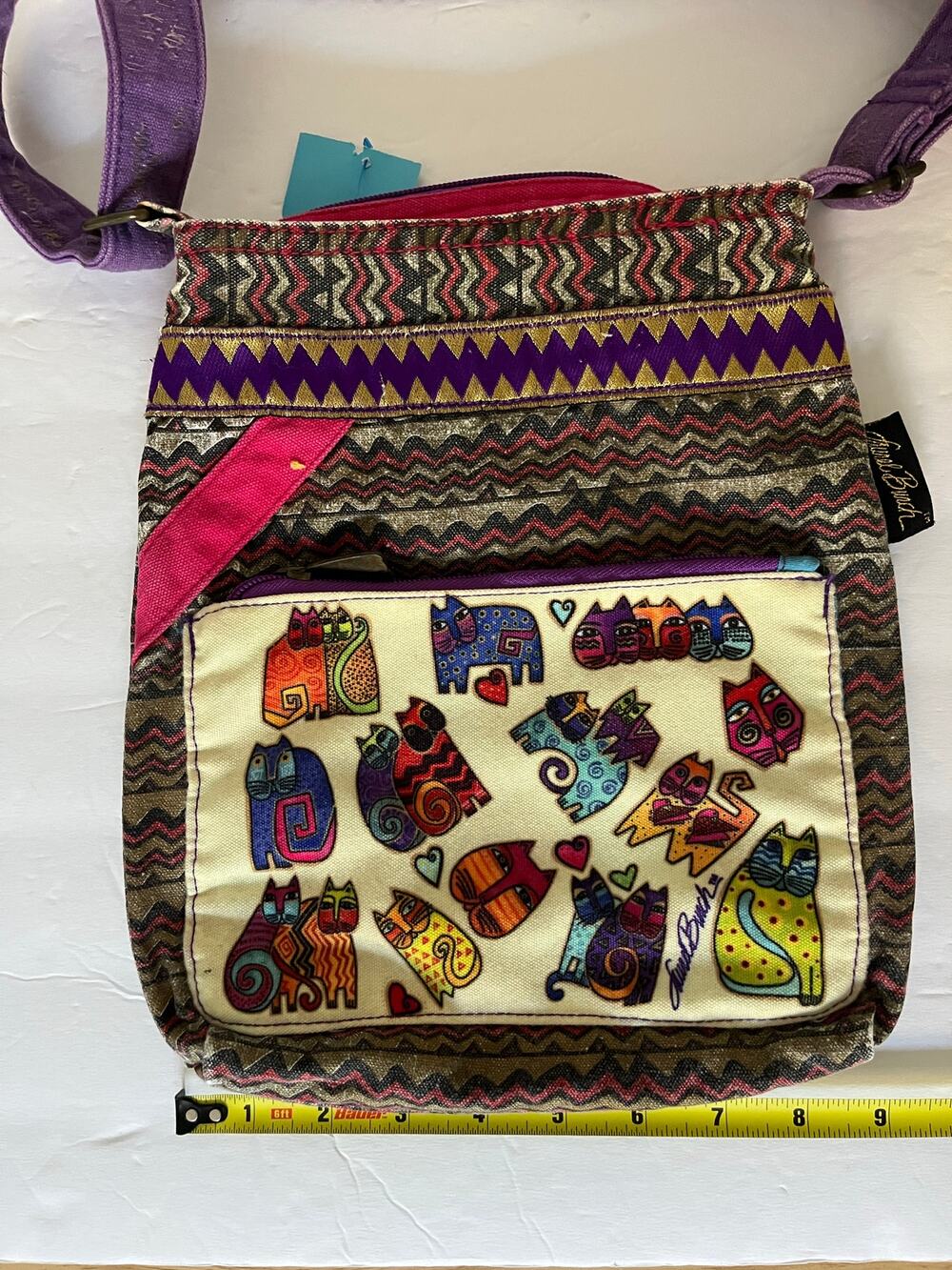 Laurel Burch Cats Crossbody Bag Sun N Sand Colorful Zigzag Geometric Purple